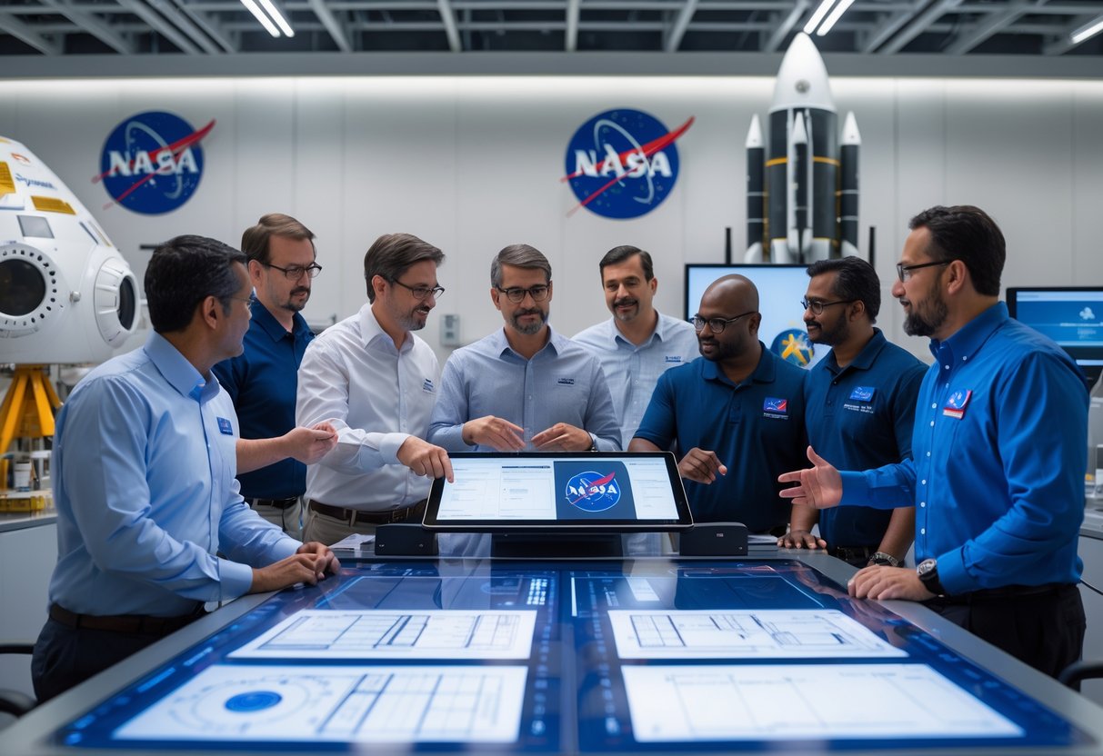 Engineers and scientists collaborating around a table with spacecraft models and technical documents in a high-tech aerospace lab.