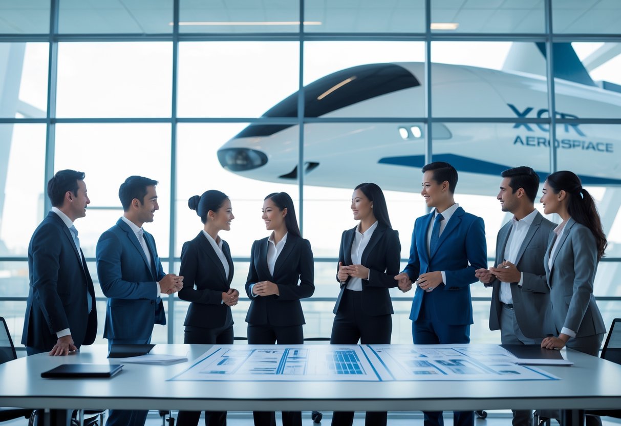 Business professionals discussing aerospace projects around a table with spacecraft models and blueprints in a modern manufacturing facility.