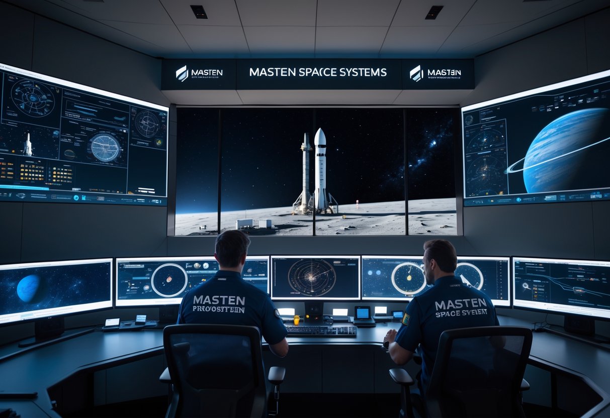 Engineers monitoring spacecraft data in a modern mission control room with a rocket visible outside against a starry space background.