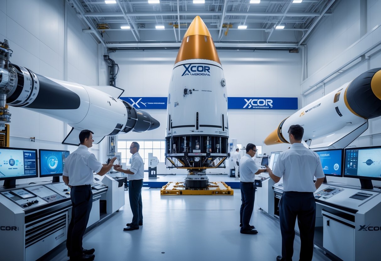 Engineers working on futuristic spacecraft in a modern aerospace facility with multiple rockets and spacecraft visible.
