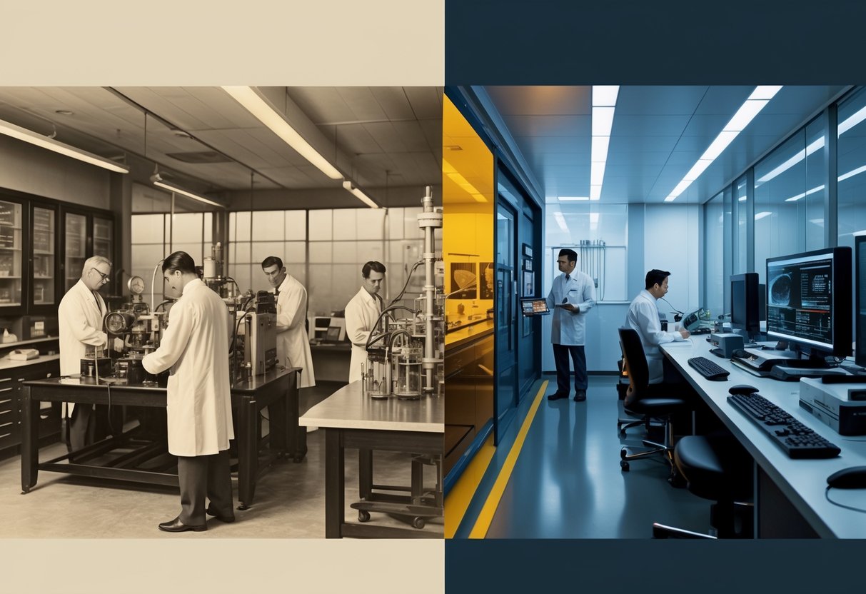 A timeline showing the evolution of Draper Laboratory with engineers working on vintage equipment on one side and modern scientists using advanced technology on the other.