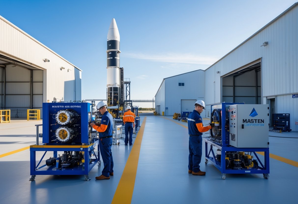 A modern aerospace testing center with engineers working on rocket engines and equipment outside and inside large industrial buildings.