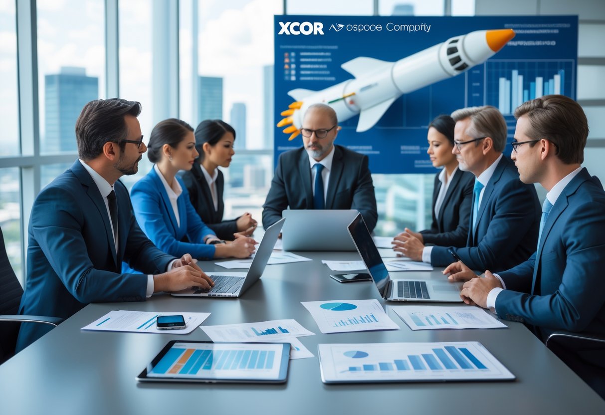 Business professionals in a conference room discussing financial documents with aerospace models and blueprints in the background.