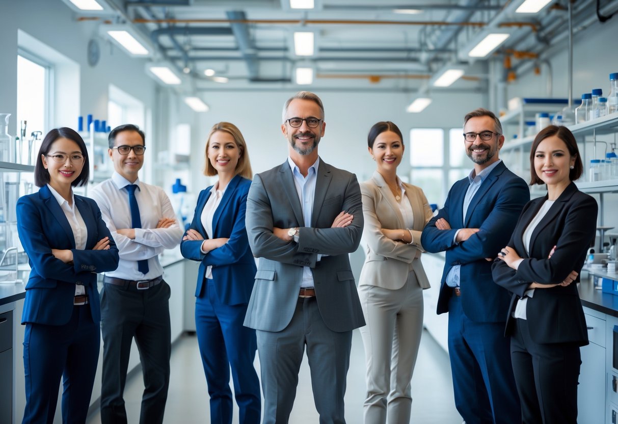 A diverse group of business professionals standing together in a modern laboratory.