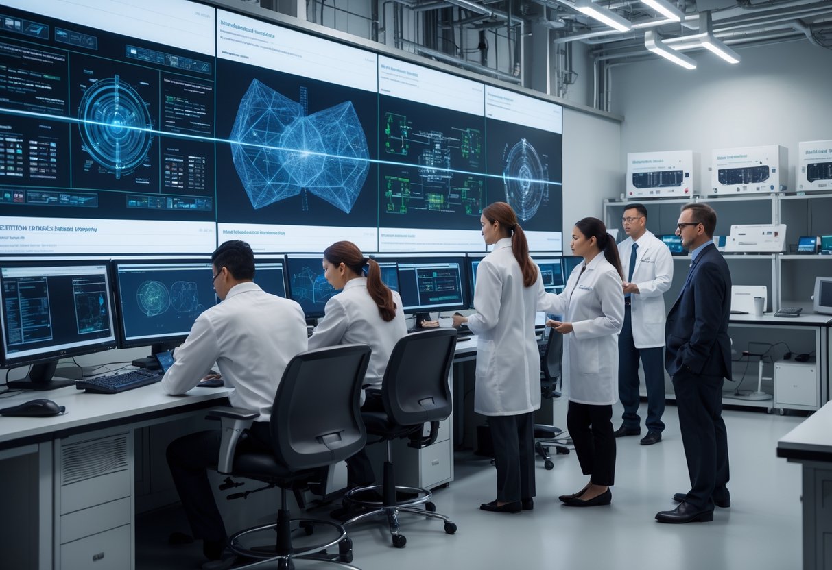 Scientists and engineers working together in a high-tech laboratory with computers and digital screens displaying defense-related data.