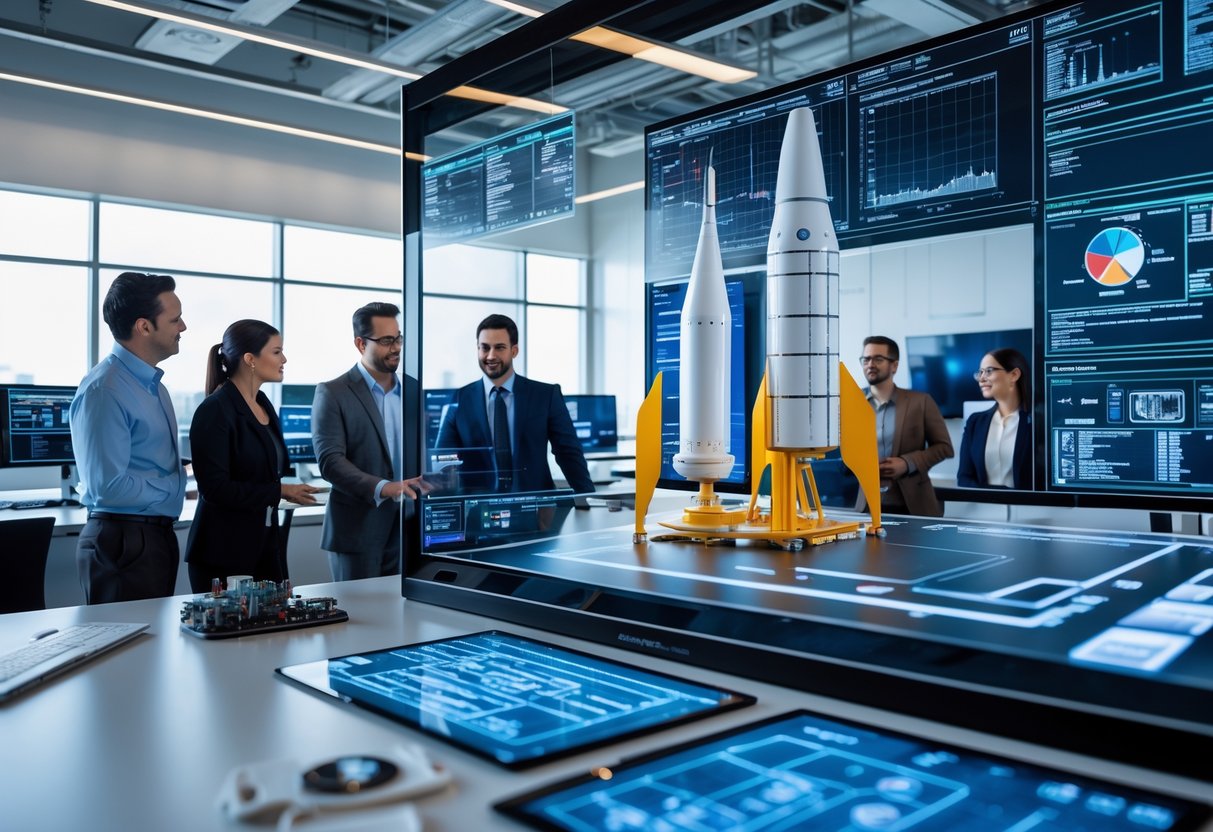 Engineers collaborating around a digital display with 3D rocket models and technical data in a bright modern office.