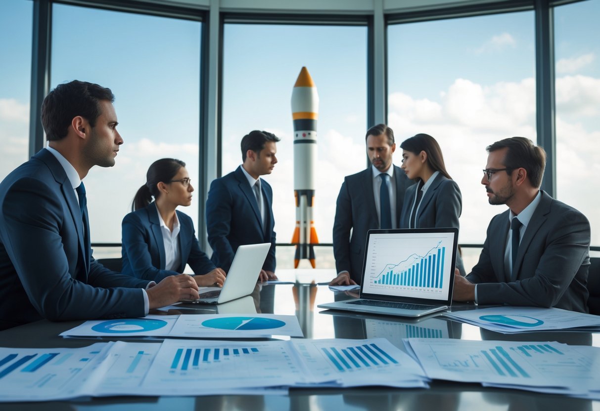 Business professionals in a conference room with financial reports and a laptop showing declining graphs, discussing serious matters with a model rocket visible in the background.
