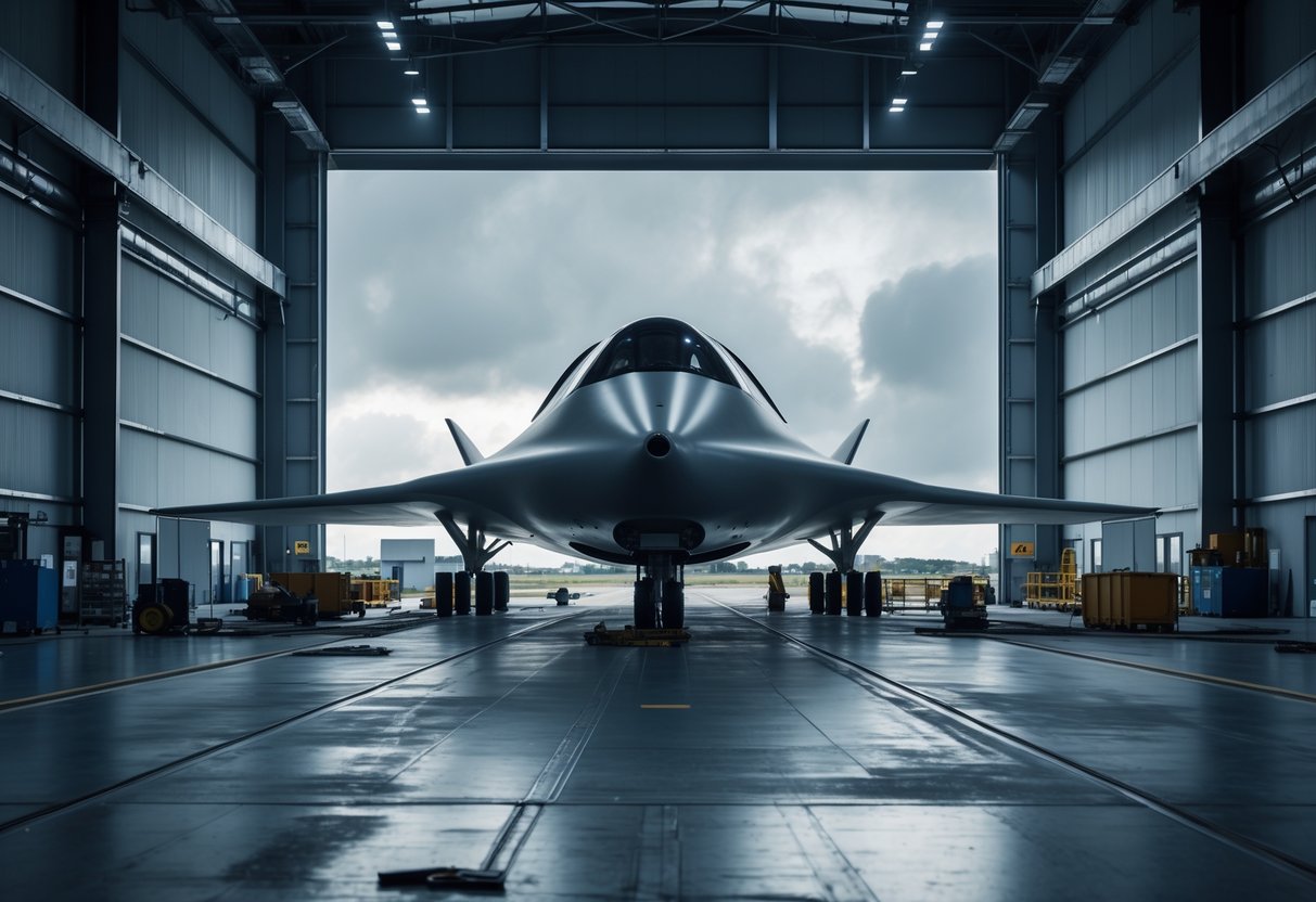 An empty aerospace hangar with a grounded futuristic spacecraft inside under cloudy skies.