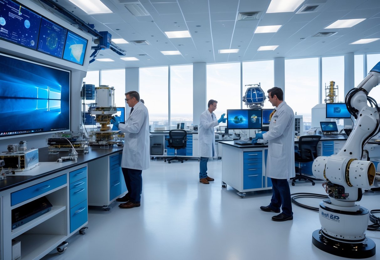 Scientists and engineers working with advanced aerospace technology and spacecraft components inside a modern research laboratory.