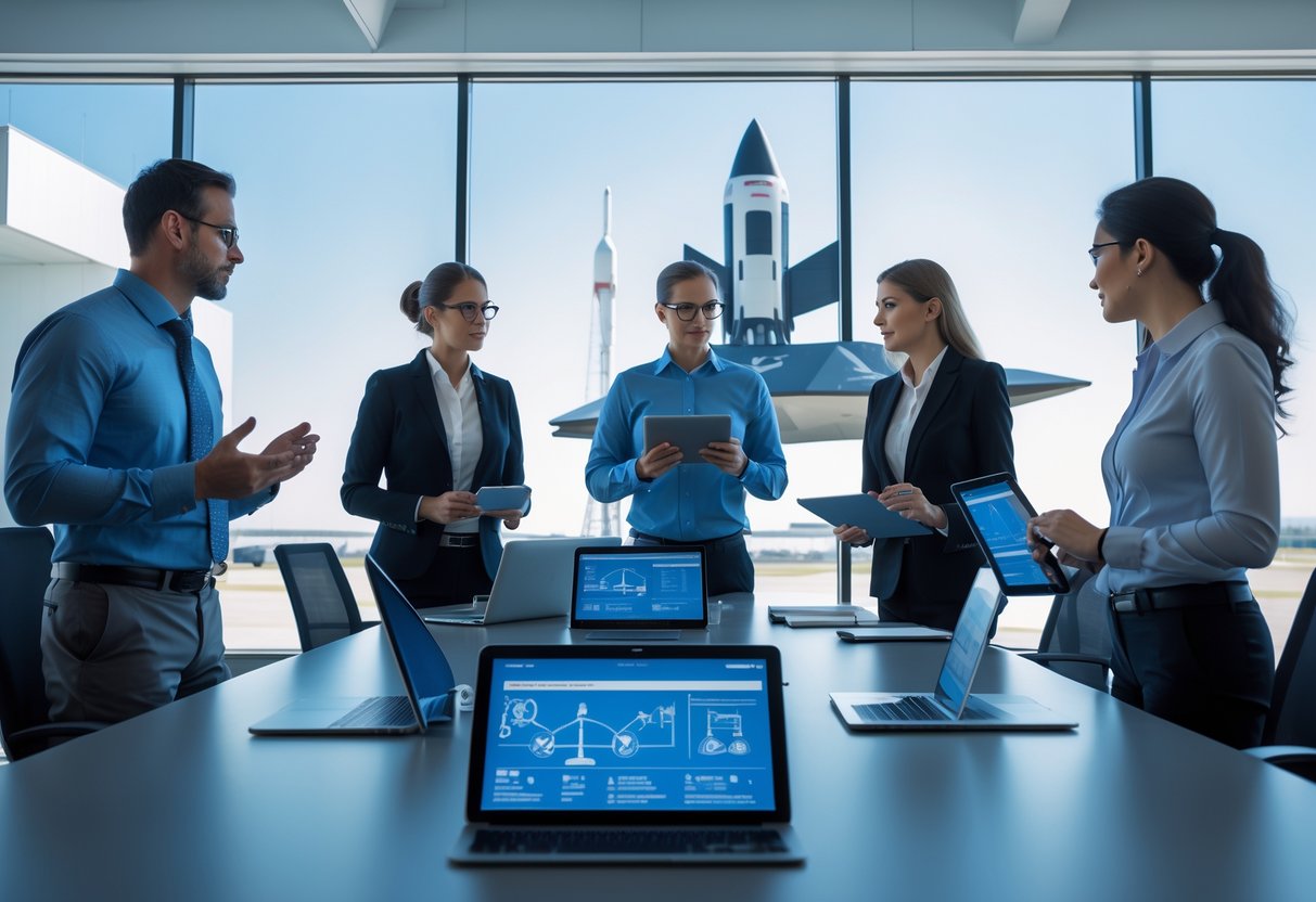 A group of professionals discussing aerospace technology in a modern office with a spacecraft visible outside the window.