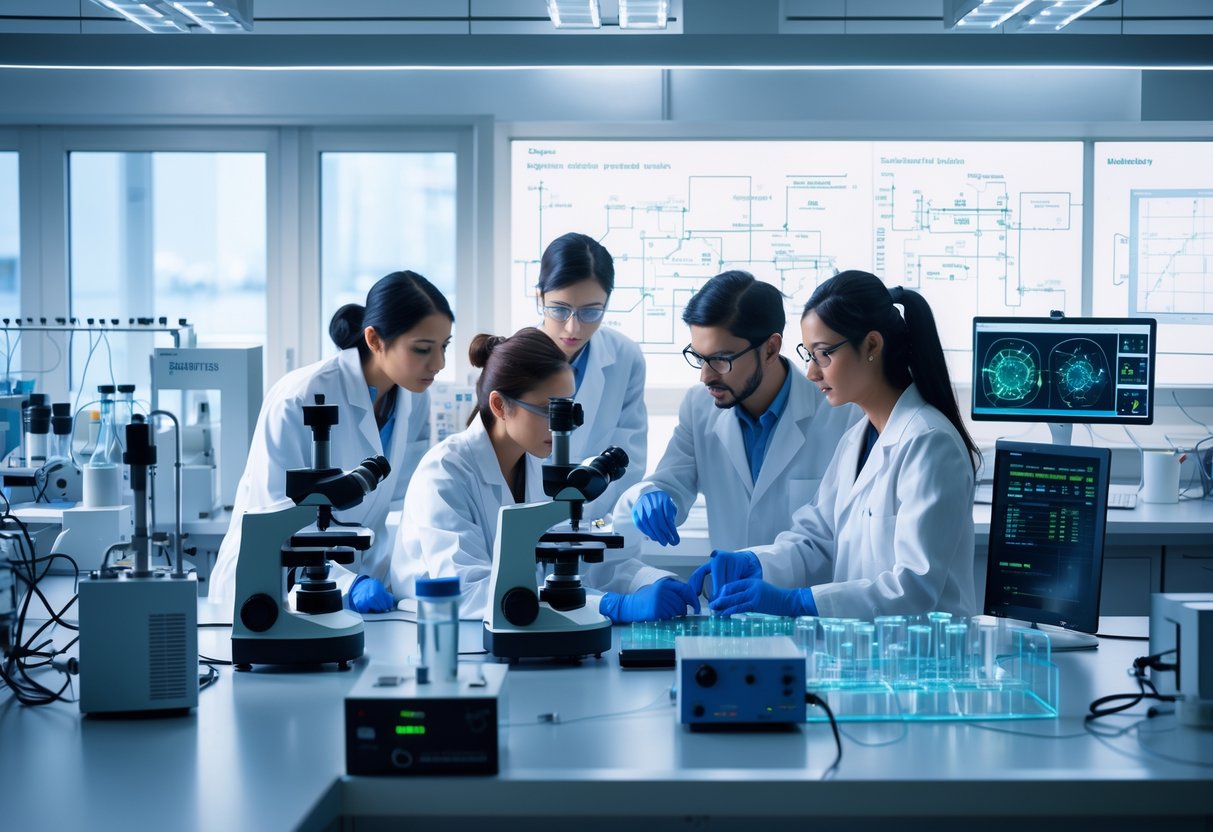 Scientists and engineers working together in a modern research laboratory with advanced equipment and data displays.