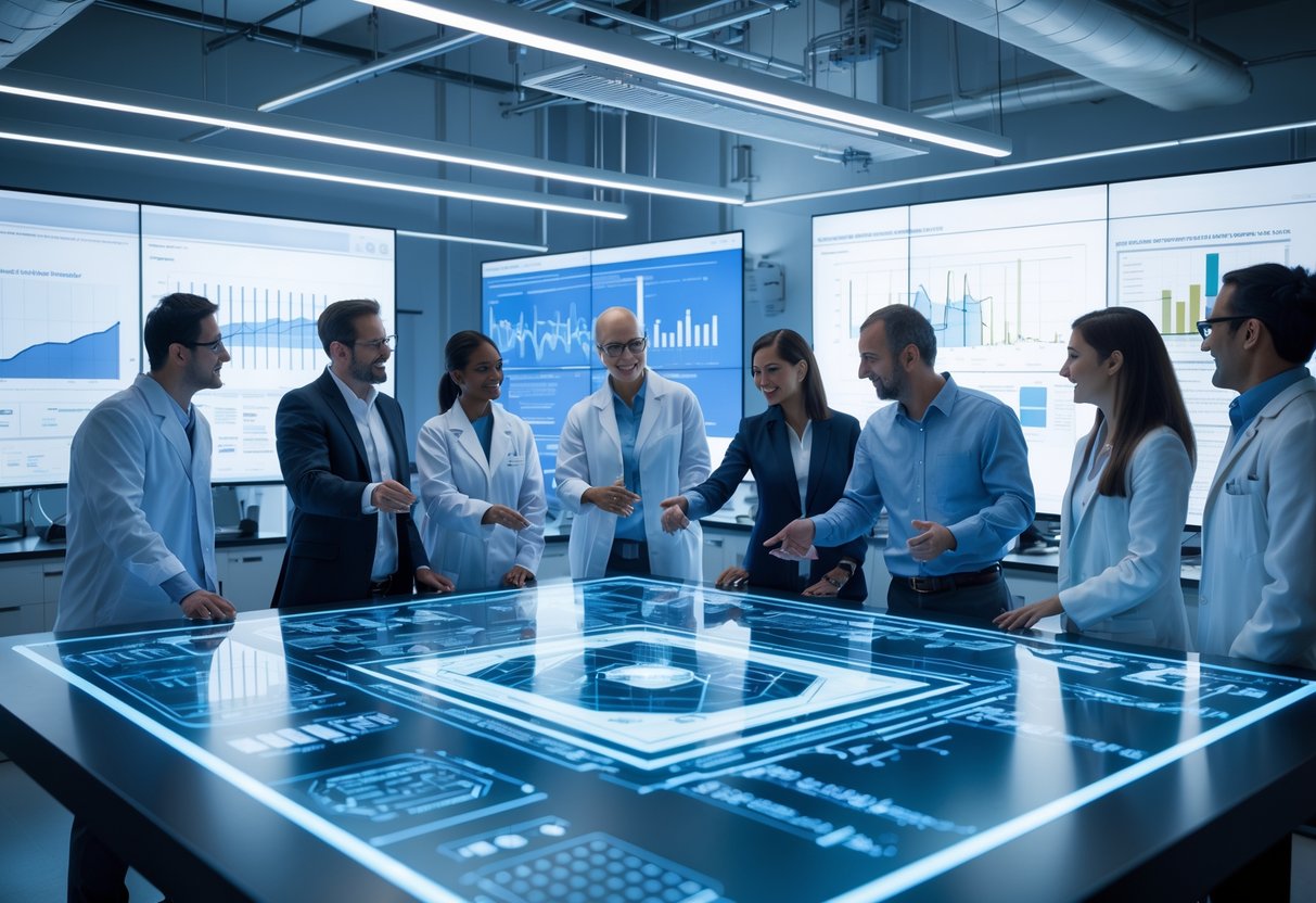 Scientists and engineers collaborating around a digital touchscreen table in a modern laboratory with advanced equipment and large digital screens showing data and models.