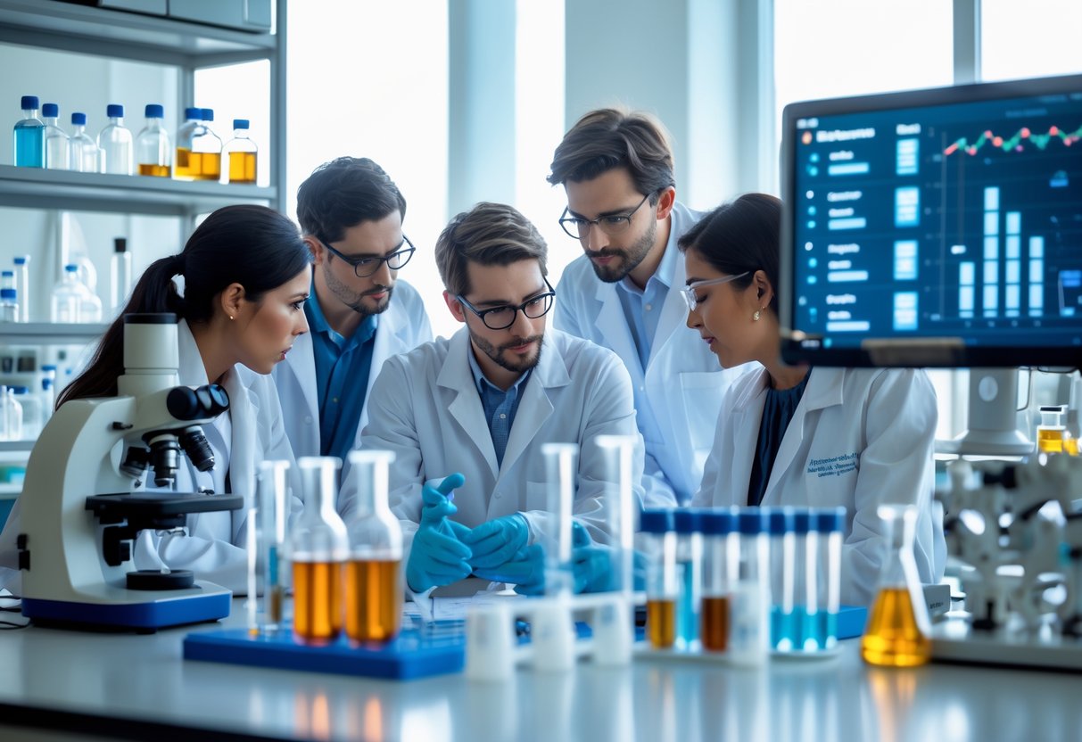 Scientists collaborating in a modern laboratory with scientific equipment and computers.