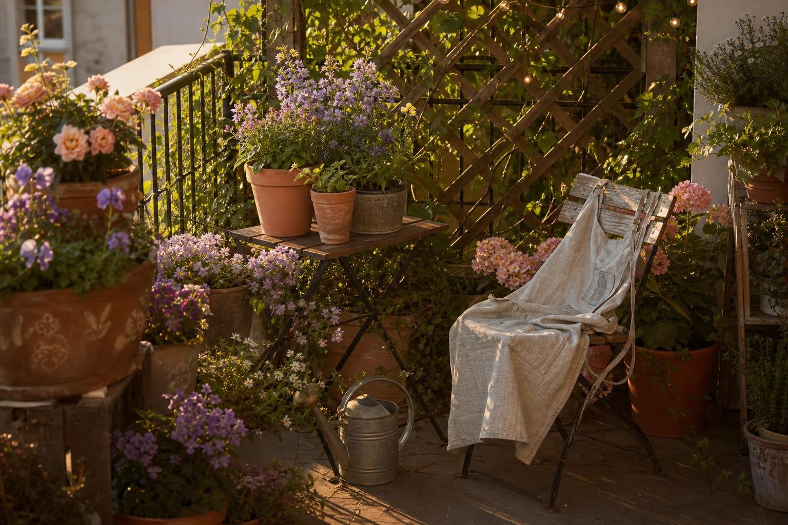 Balcony garden in golden hour light with terracotta pots and flowers