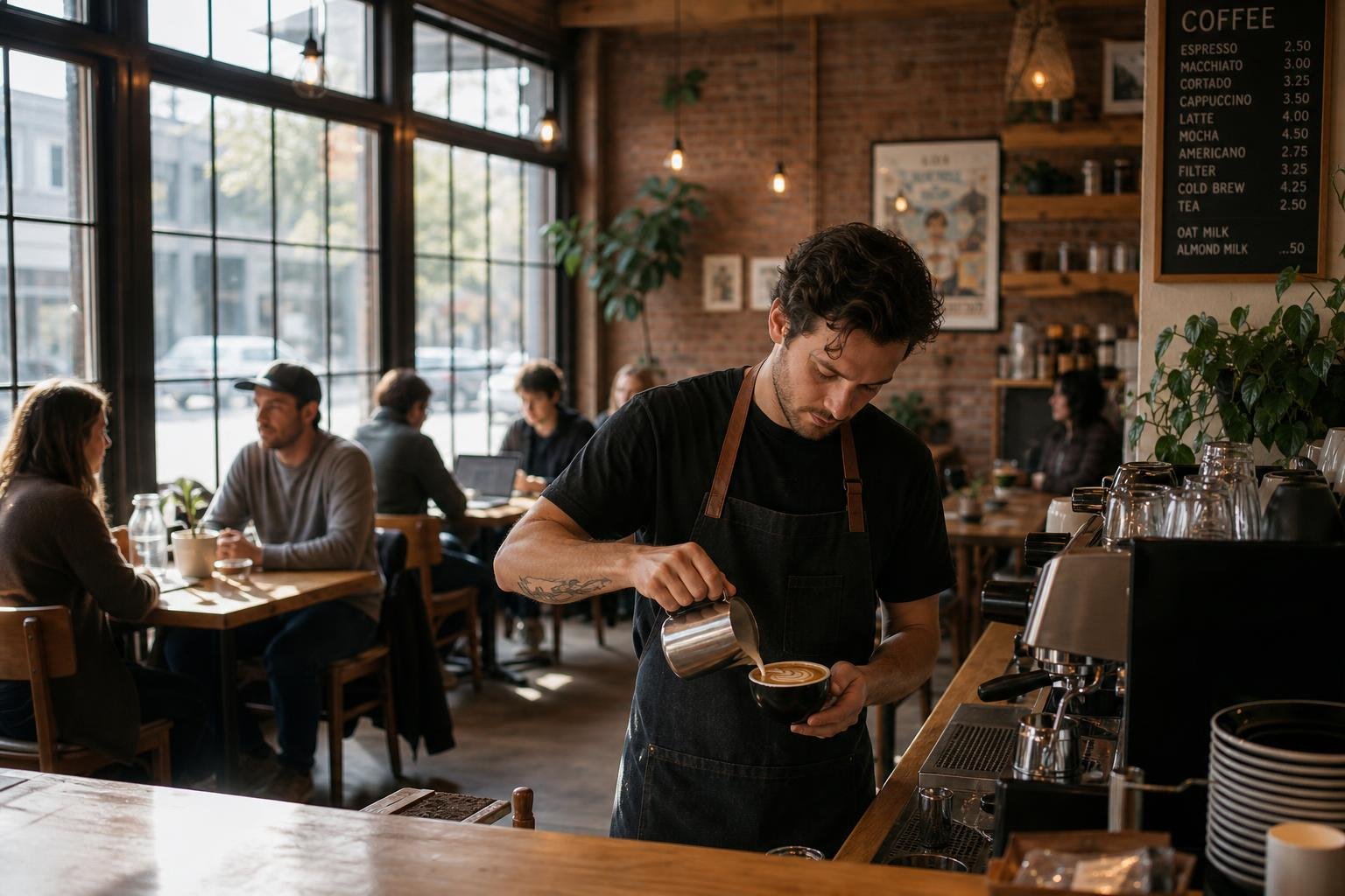 Independent coffee shop with a barista preparing latte art