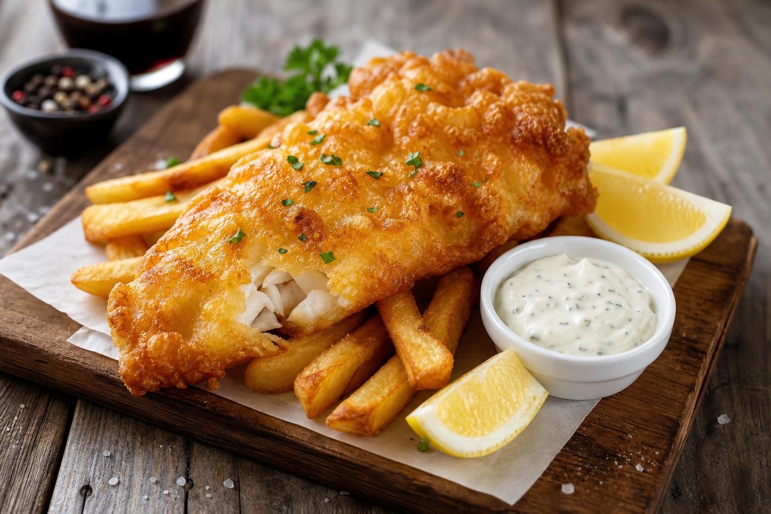 Crispy golden-brown fish and chips on a rustic wooden board