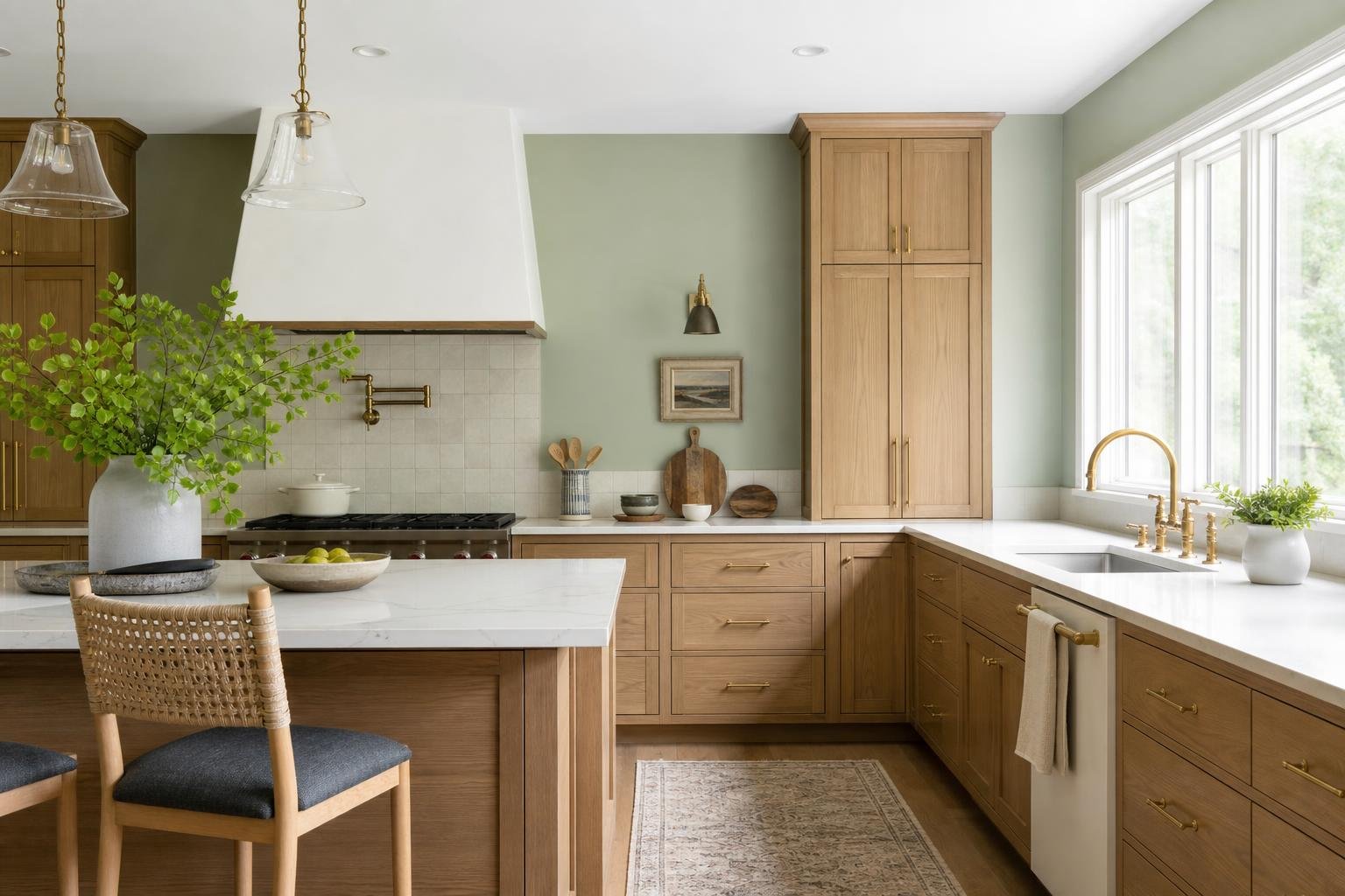Sage green kitchen with oak cabinets and marble countertops