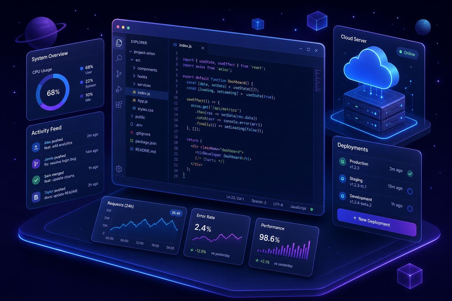 Isometric 3D illustration of a software developer dashboard